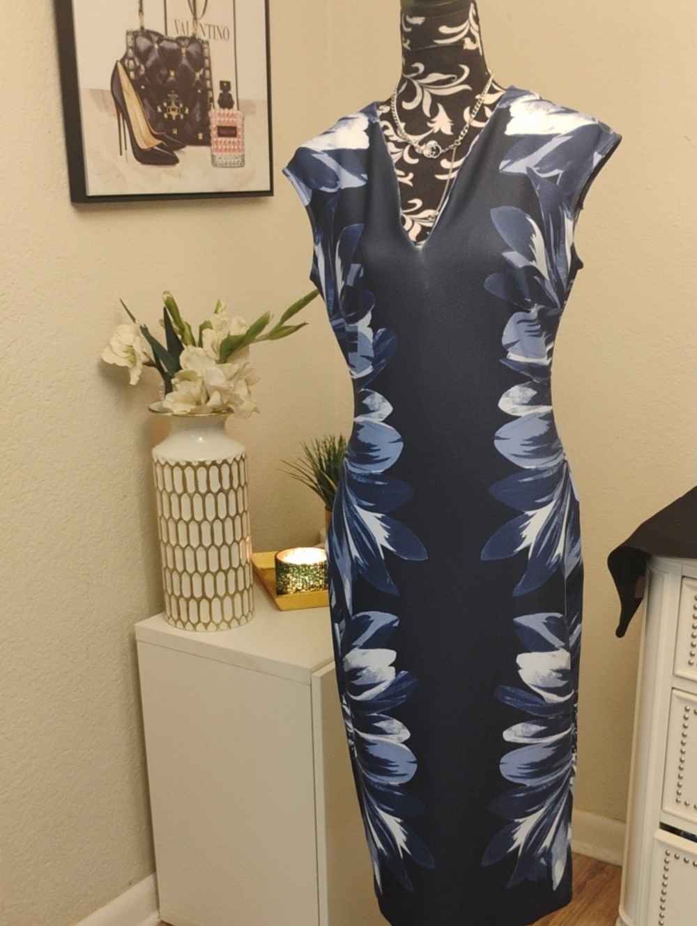 New York & Company Navy Blue Floral Midi Dress